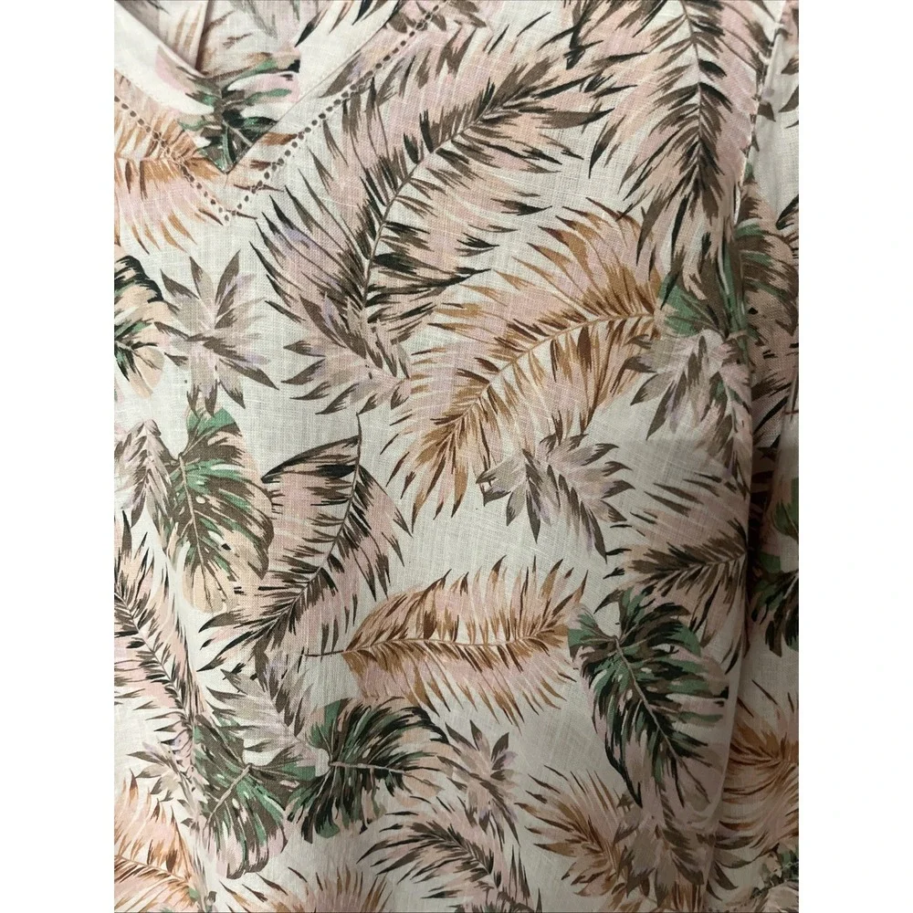 J Jill Love Linen Top Womens M Pink Tropical Palm Print V Neck 100% Linen - Picture 3 of 12
